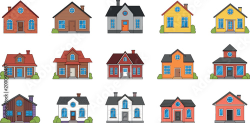 Colorful house collection with various residential homes, suburban buildings and property facades vector illustration set