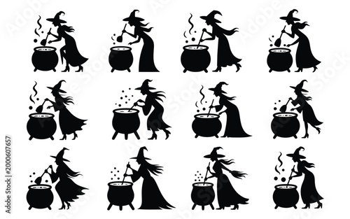 Black silhouettes of witches stirring bubbling cauldrons in various poses halloween themed vector graphics