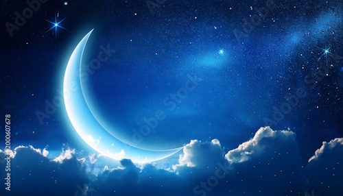 Dark Blue Night Sky With Crescent Moon And Stars Perfect For Ramadan And Eid Greetings Eid Al Fitr Space