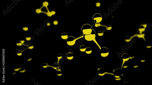 abstract 3d background wallpaper. Small water yellow molecules float in a dark environment, displaying their structure through reflections and light.	
