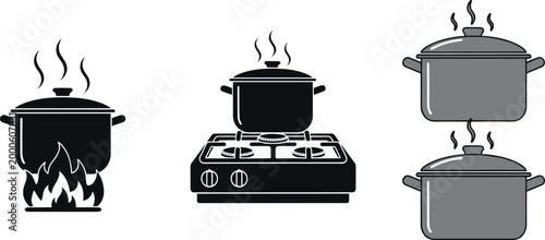 Cooking pots on stove boiling water kitchen cookware set with steam hot food preparation vector illustration collection