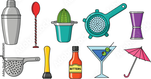 Cocktail Bar Tools and Drink Accessories Icon Set with Shaker, Strainer, Muddler, Glass, Bitters, and Umbrella for Websites, Apps, and Digital Media Designs.