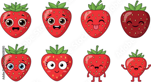 Cute strawberry cartoon characters set with different facial expressions, kawaii fruit mascots and funny berry vector illustration collection