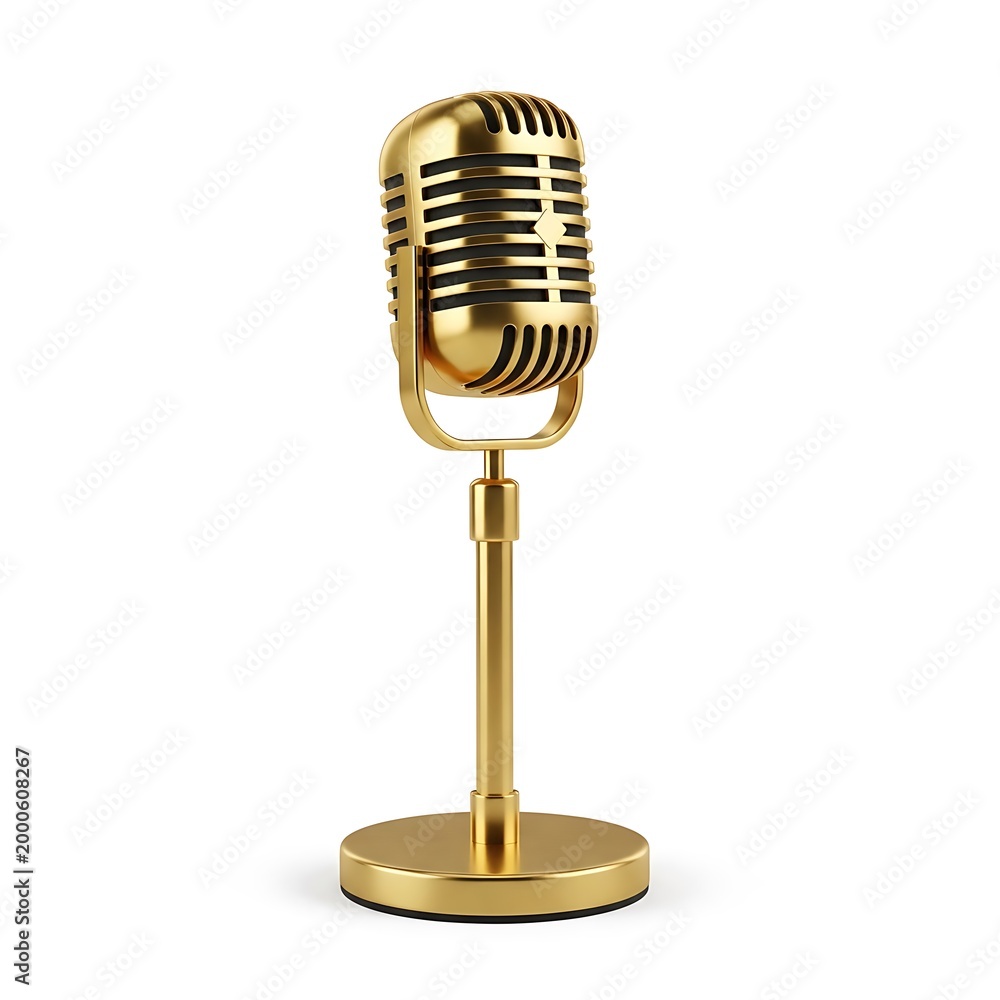 Fototapeta premium Vintage gold microphone on a stand isolated on white background