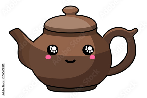 Cute brown teapot with big sparkly eyes and happy smile. Adorable kawaii character for emotional tea illustrations and fun kitchen decor concepts