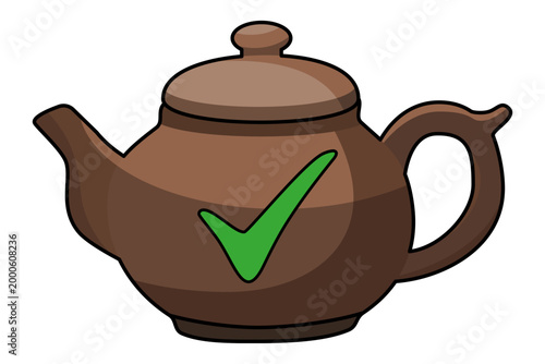 Brown teapot with green checkmark. Approved tea kettle icon. Vector symbol for quality assurance and positive confirmation in kitchen essentials