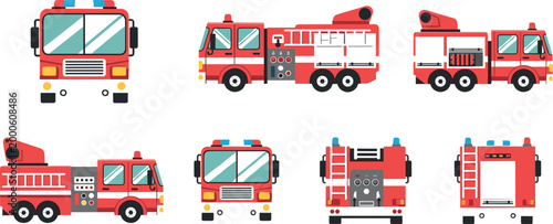 Fire truck collection with different firefighting vehicles, emergency rescue transport and equipment vector illustration set