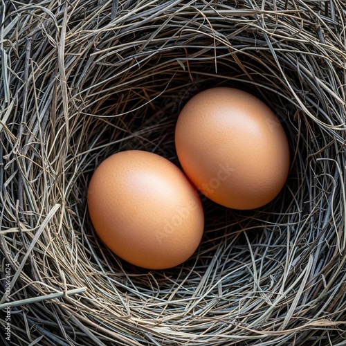 Two brown eggs in nest.