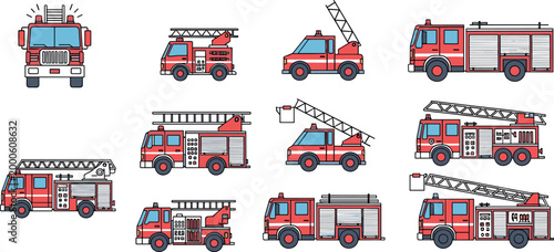 Fire truck collection with ladder and rescue vehicles, firefighting emergency transport and equipment vector illustration set