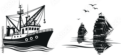 Fishing boat and sailing ship vector set with maritime silhouettes, ocean transport icons, nautical vessels, and vintage sea illustration collection