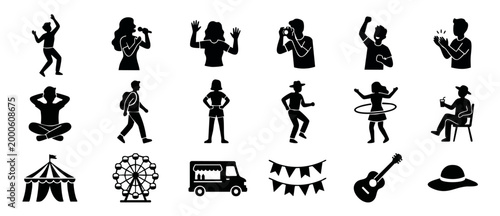 People Festival Icons Set, Music Event Characters and Summer Carnival Activities Collection, Flat Black Silhouette Vector Symbols for Concerts, Fairground Attractions, Entertainment and Party Elements