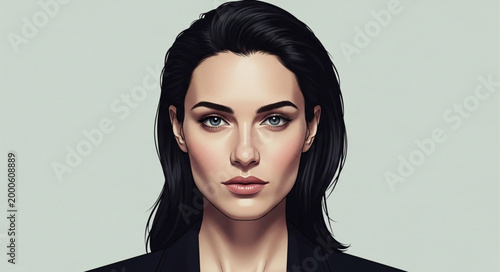 Portrait of a young woman with dark hair and striking blue eyes.