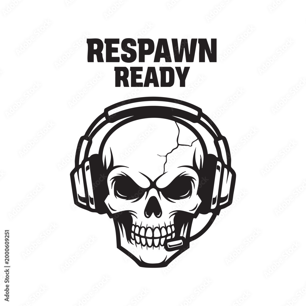 Fototapeta premium Respawn ready skull with headset gaming and streaming logo