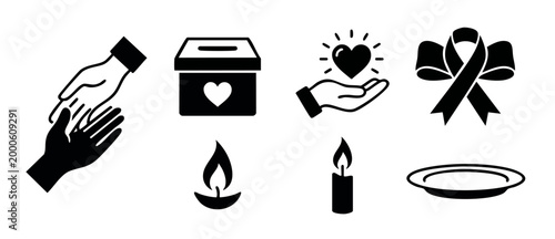 Charity and Philanthropy Icon Set, Donation and Humanitarian Aid Symbols, Helping Hands, Heart, Awareness Ribbon, Candle Flame, and Empty Plate Icons for Social Work, Non-profit Projects, and Voluntee