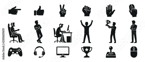 Esports gaming icons set with hand gestures and professional player silhouettes, collection of black vector symbols for video game tournaments, streaming competition, victory trophies, and computer ge