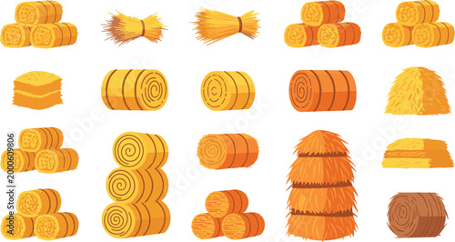 Hay bale and straw bundle collection with stacked rolls and piles, agriculture harvest and farming elements vector illustration set