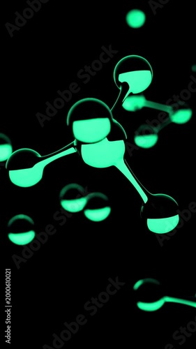 abstract 3d background wallpaper. Small green water molecules float in a dark environment, displaying their structure through reflections and light.	

