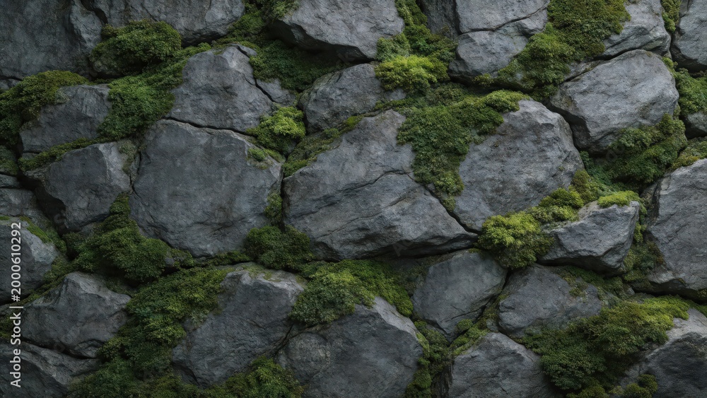 Obraz premium Rock wall texture with moss, natural stone surface background, seamless rugged pattern