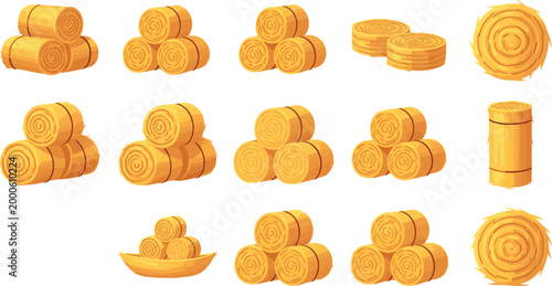 Hay bale collection with stacked straw bundles and round hay rolls, agriculture harvest elements vector illustration set