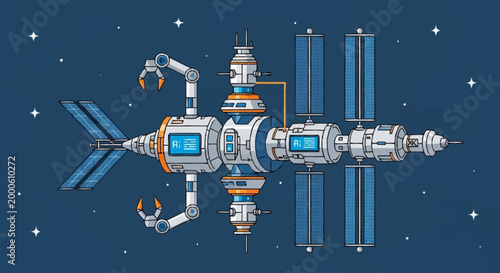 Futuristic space station with robotic arms and solar panels in orbit around Earth.