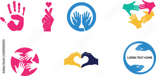 Helping hands and love gesture logo collection featuring colorful support symbols, unity icons, and abstract community care designs for charity branding