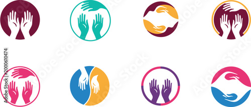 Helping hands and support logo collection featuring abstract caring gestures in circular designs symbolizing charity, unity, assistance, and community care