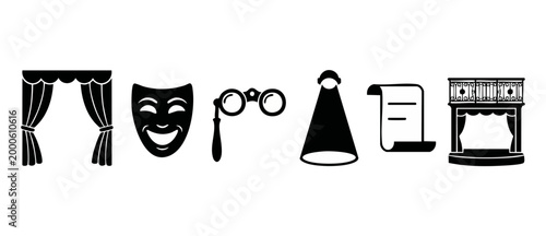 Theater Icons Set: Stage Curtains, Comedy Mask, Opera Glasses, Spotlight, Script and Balcony Box for Performance and Drama Design, Black Silhouette Vector Elements on White Background for Entertainmen