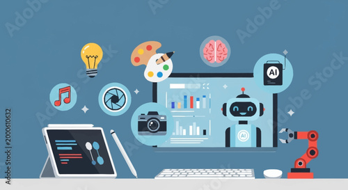 Digital creation and artificial intelligence concept with robot, computer, tablet, and creative tools.