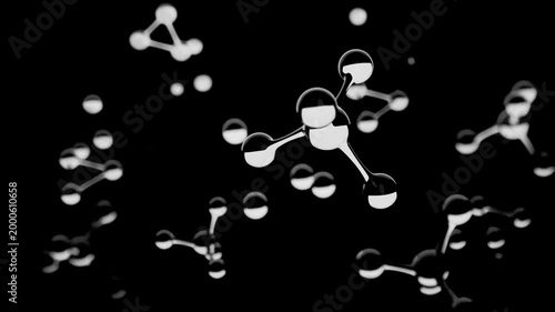 abstract 3d background wallpaper. Small grey water molecules float in a dark environment, displaying their structure through reflections and light.	
