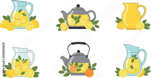 Lemon drink collection with pitchers and teapots, fresh citrus beverages and summer refreshment vector illustration set