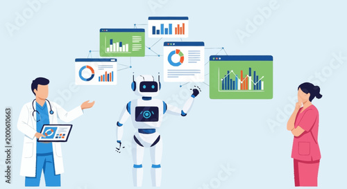 Doctor and nurse collaborating with AI robot analyzing medical data on digital screens.