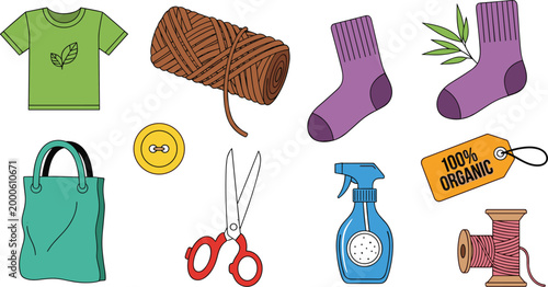 Eco-Friendly Fashion and Sustainable Living Icon Set with Clothing, Recycled Materials, and Natural Products for Websites, Apps, and Digital Media Designs.