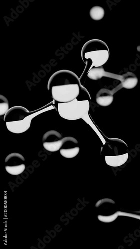 abstract 3d background wallpaper. Small grey water molecules float in a dark environment, displaying their structure through reflections and light.	
