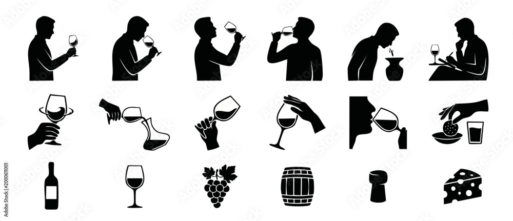 Fototapeta premium Wine Tasting Icons Set - Professional Sommelier and Degustation Process Silhouette Symbols for Winemaking, Vineyard Management, Restaurant Menu Design, and Beverage Education Visuals