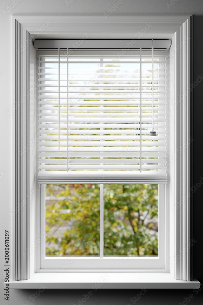 Fototapeta premium image of a venetian blind in a window-no text, logo, watermark, film grain, noise, faces, messy background, cartoon, anime, illustration, drawing