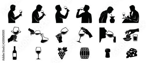 Wine Tasting Icons Set - Professional Sommelier and Degustation Process Silhouette Symbols for Winemaking, Vineyard Management, Restaurant Menu Design, and Beverage Education Visuals
