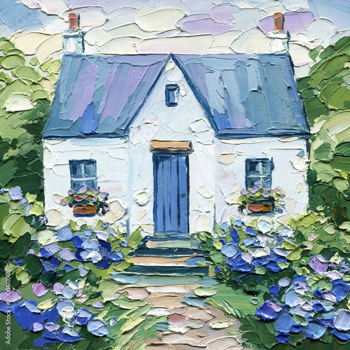 White cottage impasto painting with blue door hydrangea garden stone path and cozy countryside floral home art
