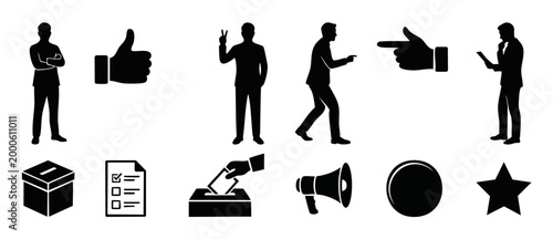 Business People Silhouettes Icons Set, Office Professional Characters and Voting Symbols, Isolated Vector Collection for Corporate Presentation, Marketing Communication, and Election Infographic Eleme