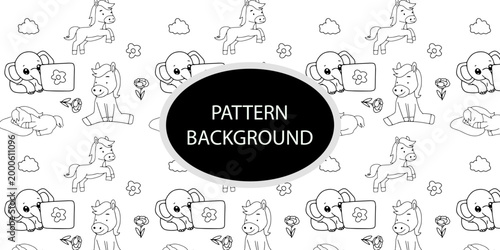 Outline handrawing horse and elephant cute pattern background design . Repeating exploding print, texture for fabric, wallpaper and wrapping. Flat vector illustration