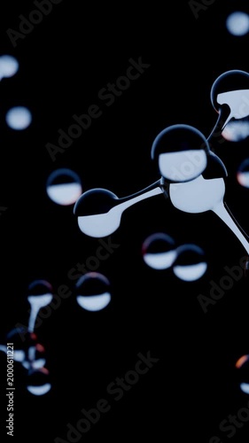 abstract 3d background wallpaper. Small water molecules float in a dark environment, displaying their structure through reflections and light.	
