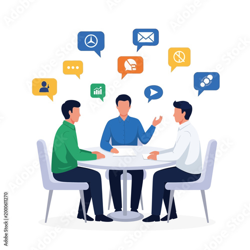 Three people collaborating around a table with digital icons