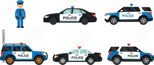 Police vehicles and officer character set with patrol cars and SUVs, law enforcement transport vector illustration collection