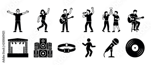 Music festival icons set, people dancing and performing on concert stage with guitar and microphone, vector black silhouette collection for entertainment, audio equipment and musical event branding de