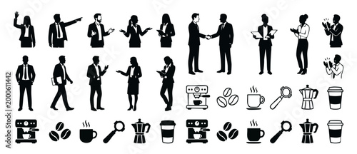 Business People Silhouettes and Coffee Icons Set, Corporate Professionals and Office Break Symbols, Vector Collection of Standing and Walking Managers with Espresso Machine, Mugs, and Beans for Design