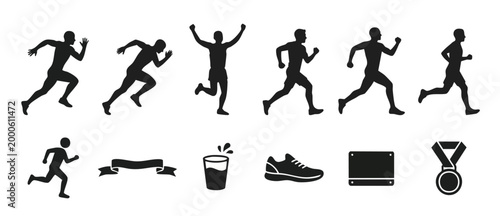 Running Man Silhouettes Set and Marathon Icons for Sports Design - Sprinting Athletes, Victory Pose, Running Shoes, Race Medal, and Bib Number Graphic Elements for Fitness Branding and Competition Log