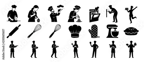 Bakery Chef Icons Set, Professional Cooking and Pastry Making Silhouettes for Restaurant Menu, Culinary Classes, Food Preparation Tools, Baker Hat and Kitchen Utensils Illustration in Vector Flat Desi