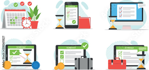 Time management and scheduling concept with calendar checklist hourglass and productivity icons, business planning vector illustration set