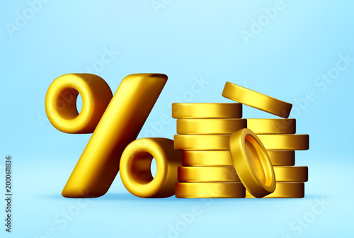 3D Golden percent symbol beside stack of coins. Financial concept of high interest rate and investment growth. Savings and profit on blue background. Vector illustration