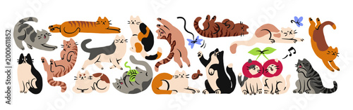 Doodle set of cute cats in different poses. Happy kitties play with yarn ball, have fun with toys. Naughty pets is lying and stretching. Domestic animals. Flat isolated vector illustrations on white