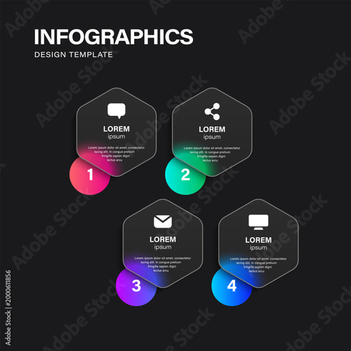 Glass morph inforgraphic design template with 4 steps or options and icons